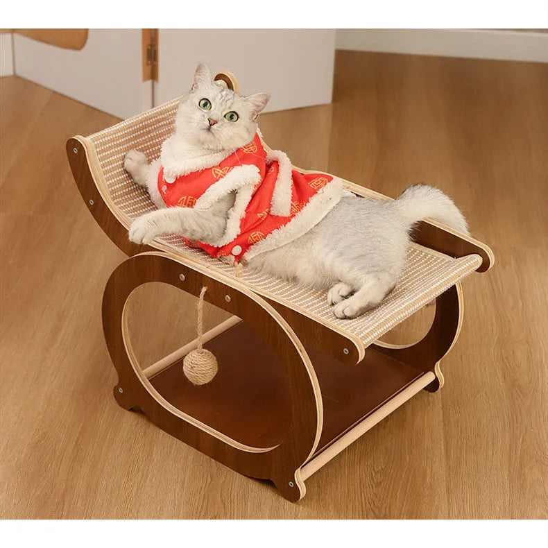 Solid wood cat bed with woven sisal scratching surface in wood colour finish