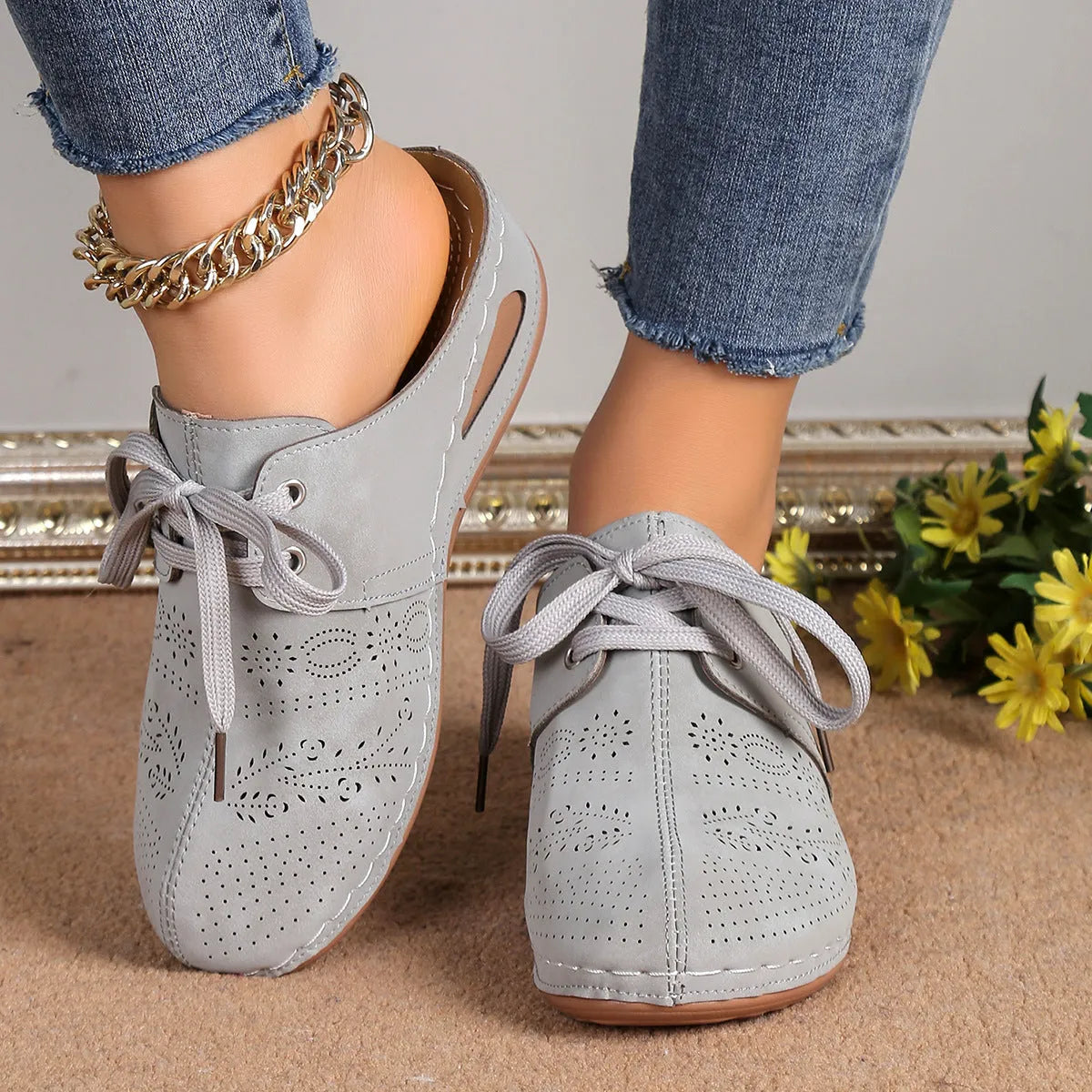 Women's summer lace-up slippers with hollow out wedges in suede and rubber construction