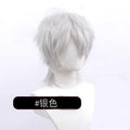 Short anime-style cosplay wig with a lengthened hair tail on a display stand.