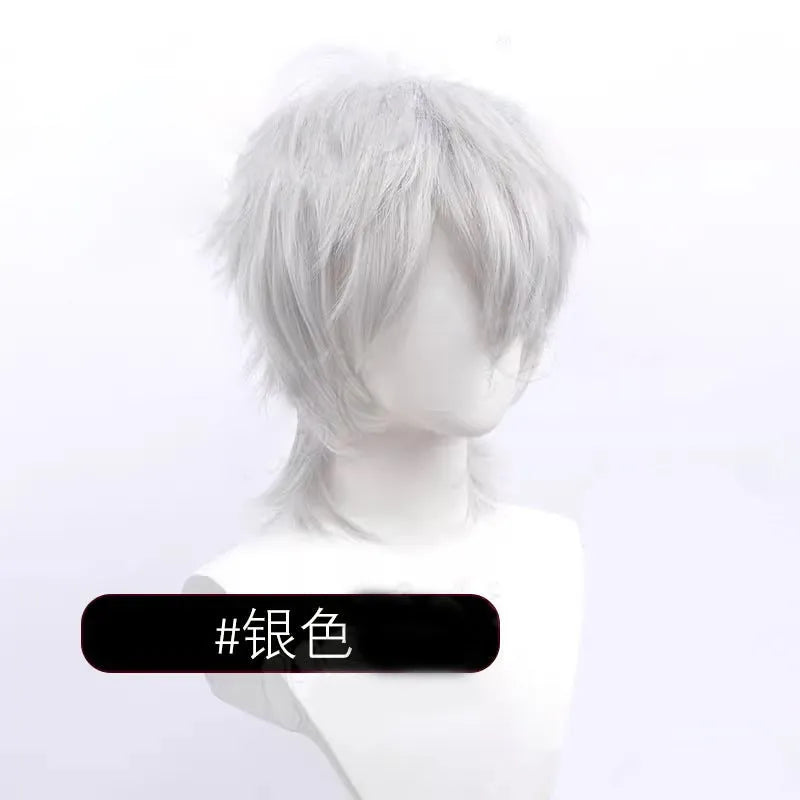 Short anime-style cosplay wig with a lengthened hair tail on a display stand.