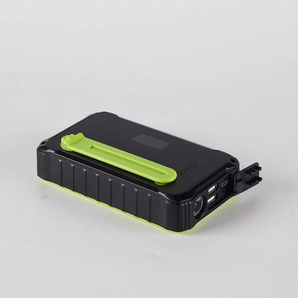 Green portable solar power bank with hand crank and 12000mAh capacity