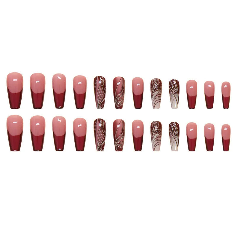French line pattern removable fake nail stickers with 24 patches and adhesive glue
