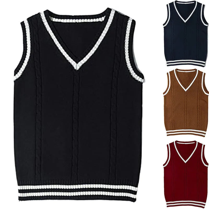 Women's slim-fit V-neck acrylic knitted sweater in striped stitch detail, shown in multiple colours.