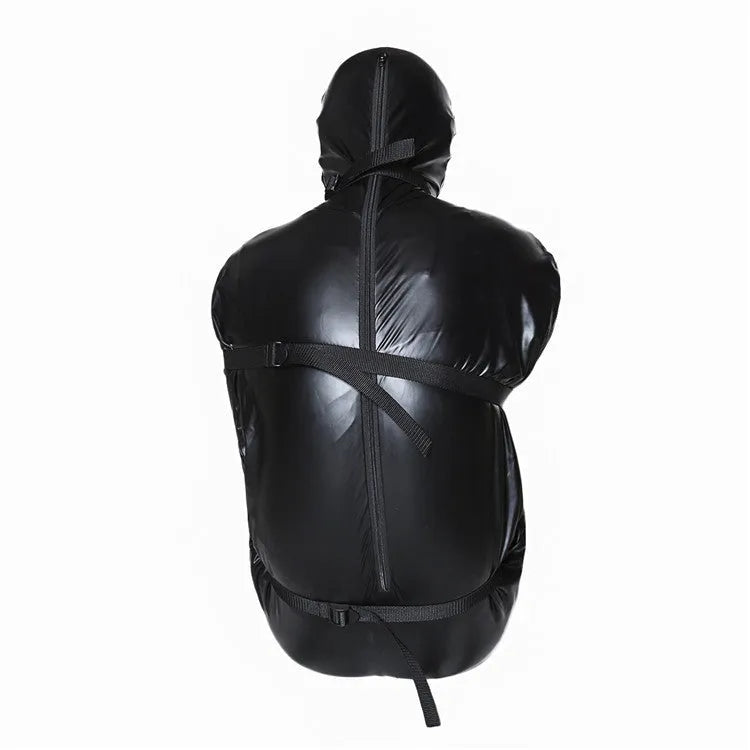 Black patent leather bondage outfit with six ratchet tie down straps