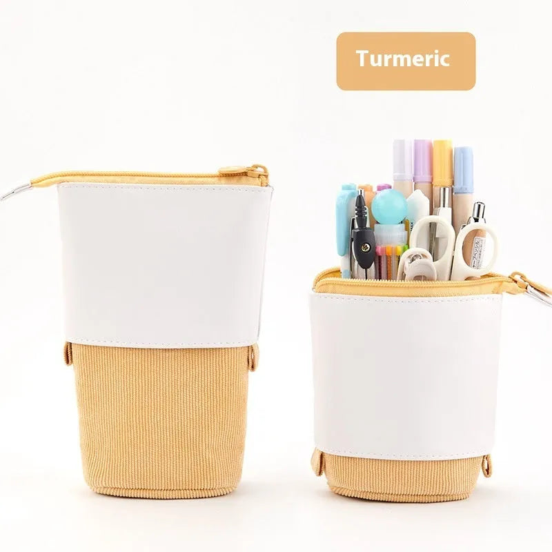 Korean-style telescopic drop-down stationery case in purple PU corduroy fabric.