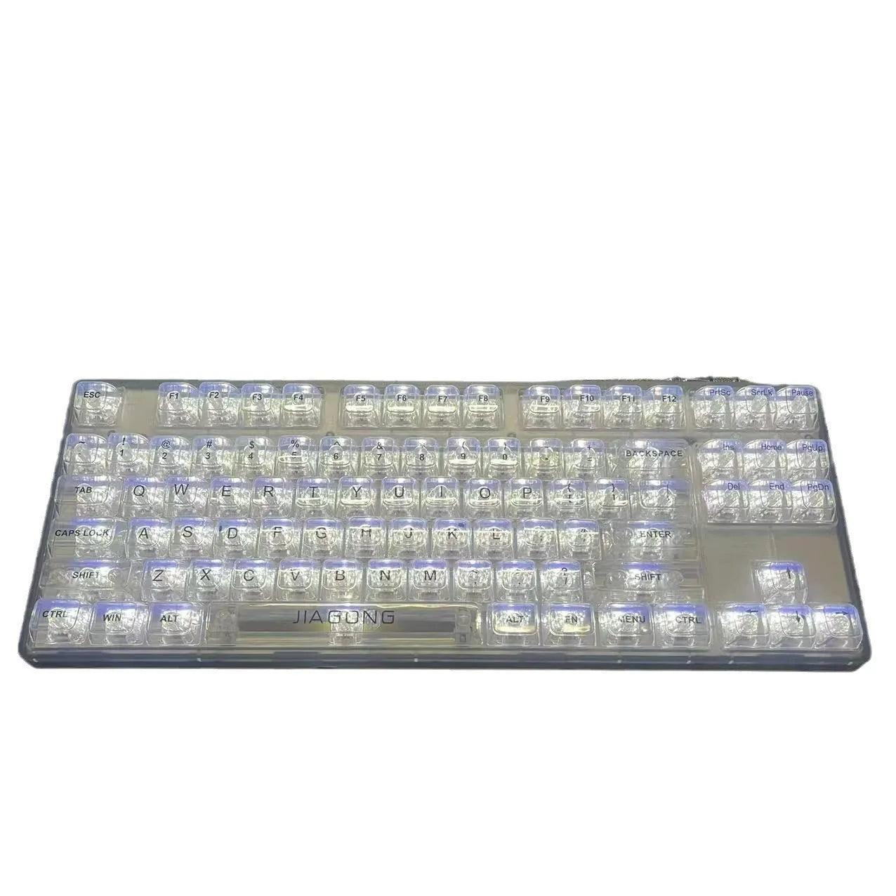 132 transparent plastic mechanical keyboard key caps laid out in grid pattern