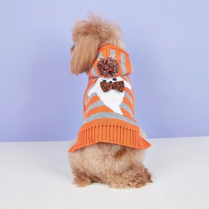 Orange striped Halloween pet sweater with hood and fur ball details for cats and dogs