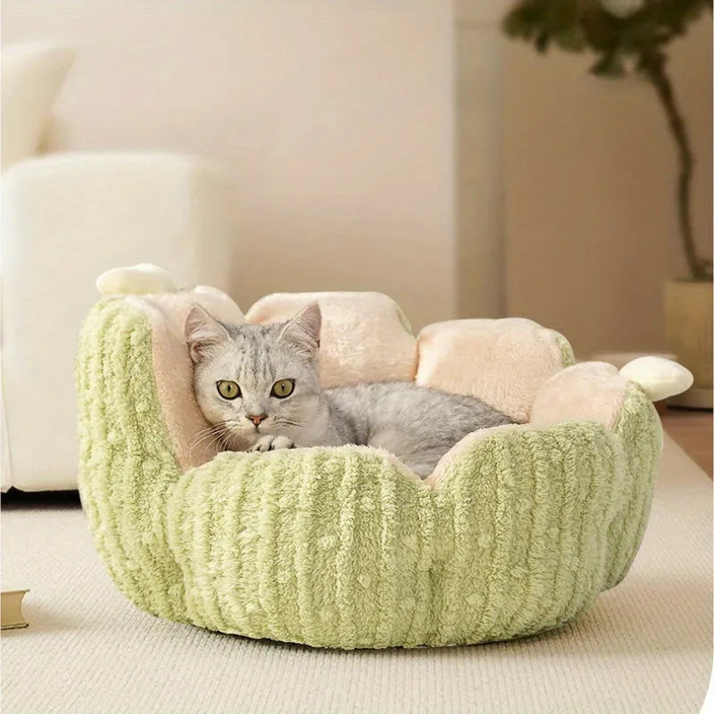 Green soft cat kennel pet bed with cactus design, shown next to a purple version.