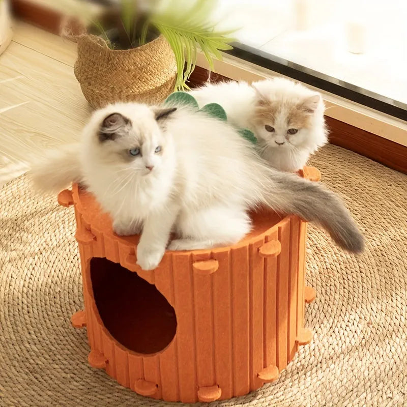Carrot-shaped cat tunnel in polyester felt with semi-enclosed design and entry holes