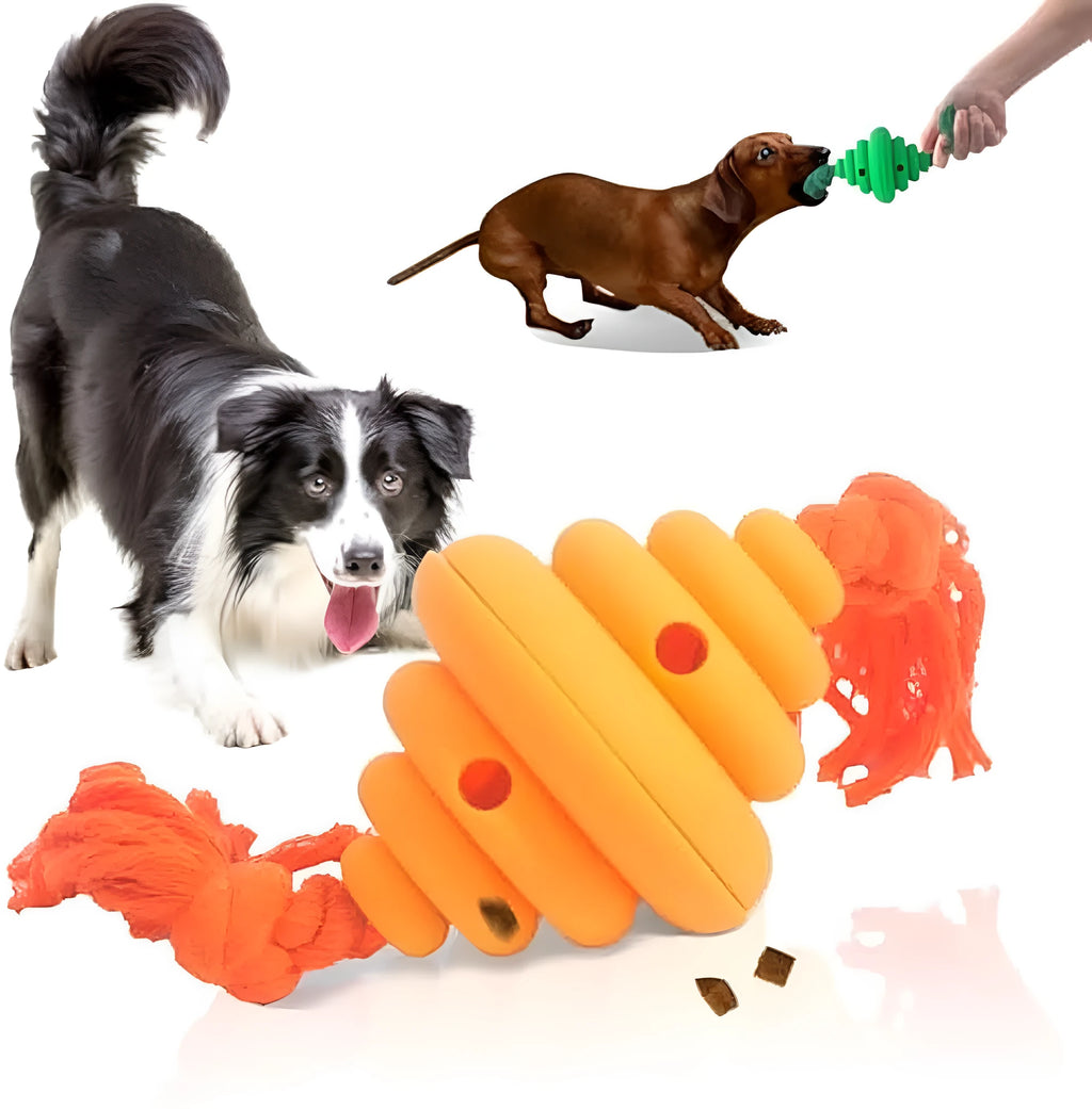 Green and yellow oval dog ball with knotted rope, a slow-leak food dispenser chew toy.