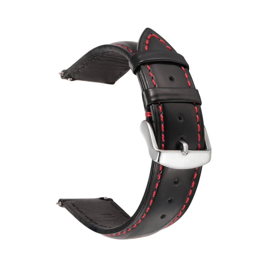 Quick release watch strap made from bright cowhide leather showing colour and width options