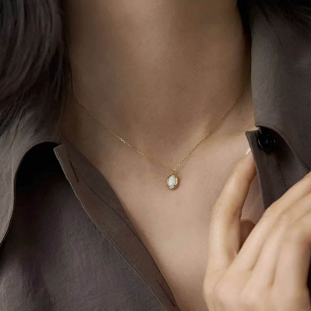 Geometric jelly opal pendant necklace in sterling silver with gold or white gold plating
