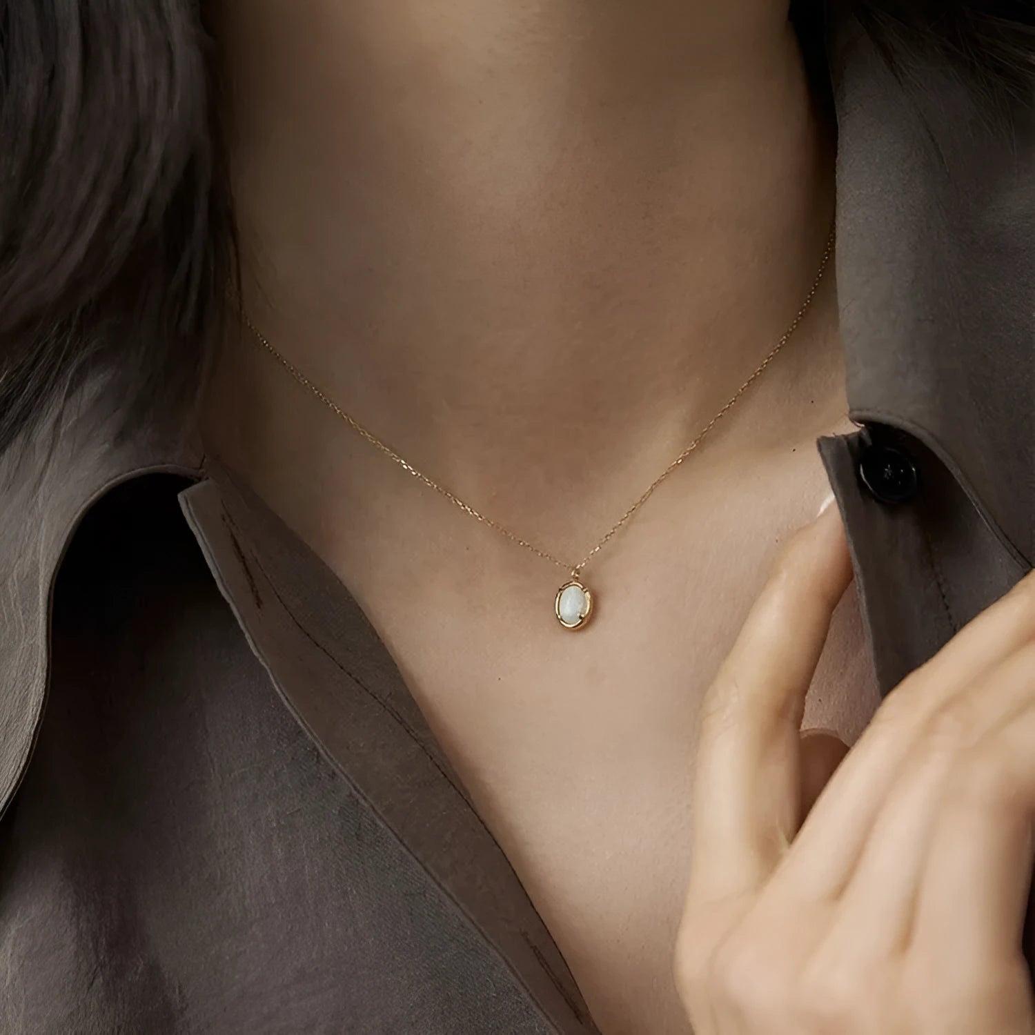 Geometric jelly opal pendant necklace in sterling silver with gold or white gold plating