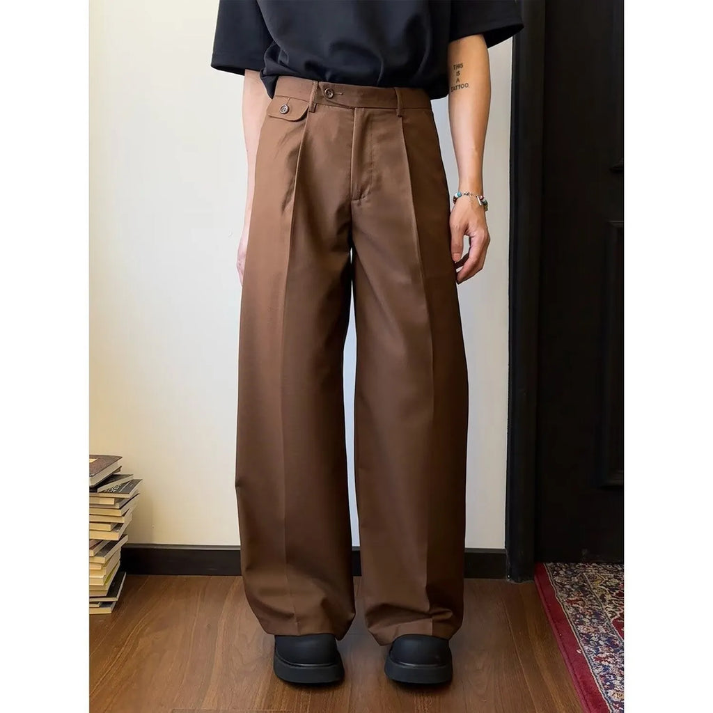 Men's brown straight-leg loose wide-cut casual trousers on a hanger
