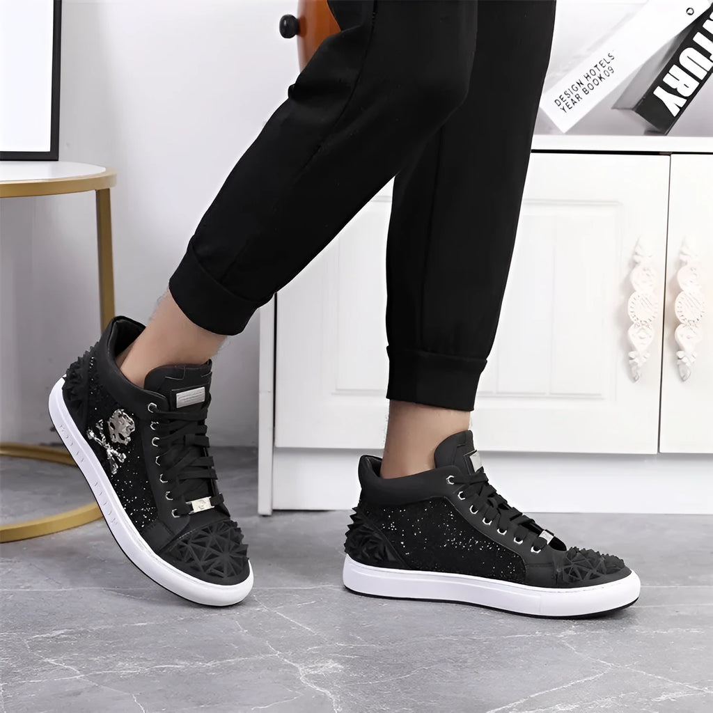 Men's black high top skeleton shoes with genuine leather upper and lace-up closure