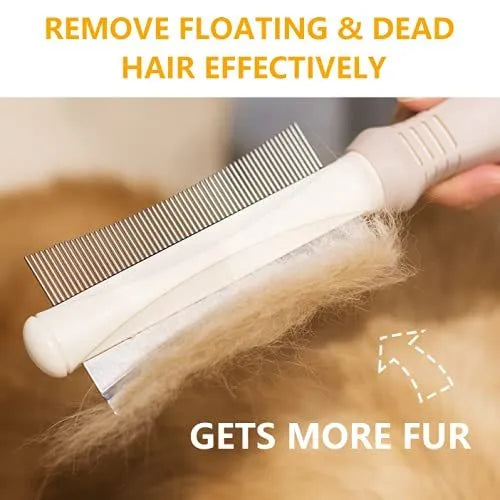 White double-sided pet grooming brush with curved comb and deshedding brush functions