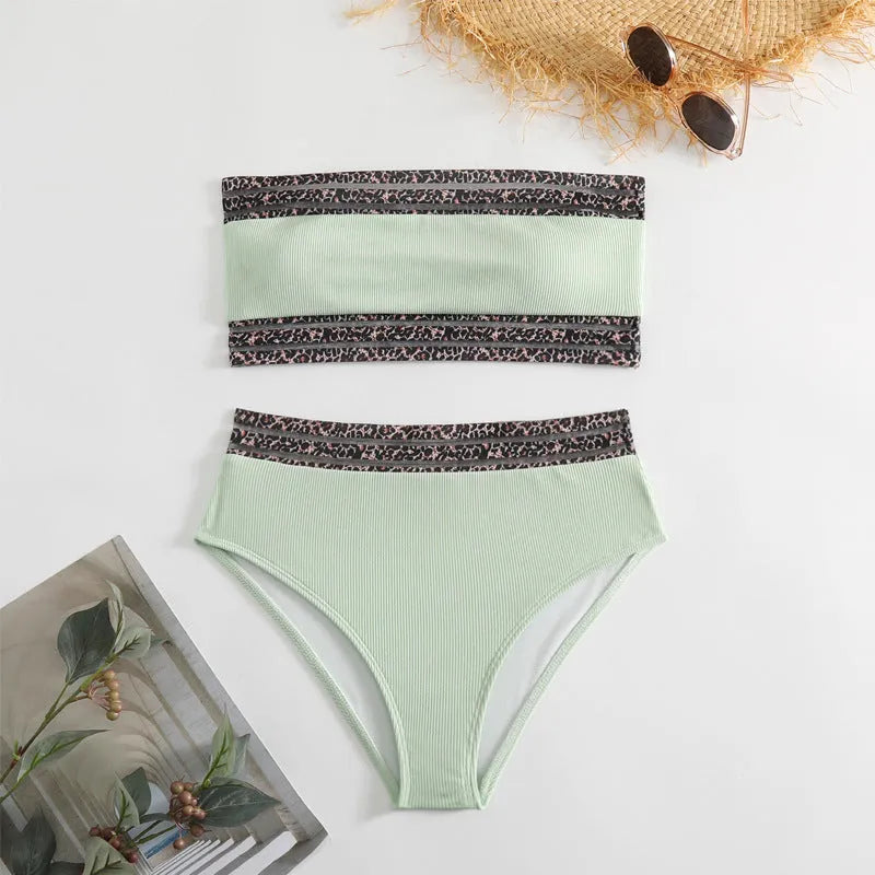 Black strapless bikini set with leopard print splicing and matching briefs
