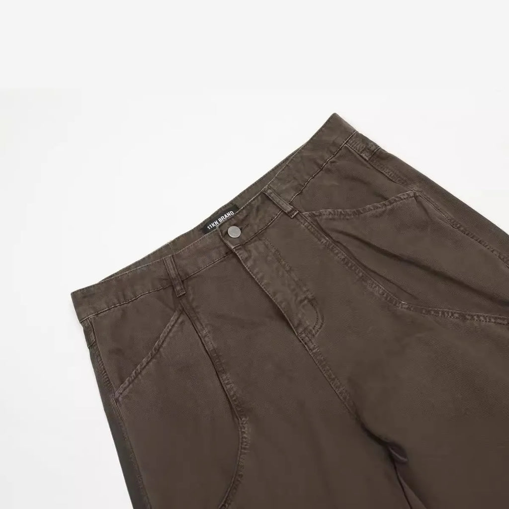 Men's brown straight leg cotton trousers with high waist and non-ironing fabric