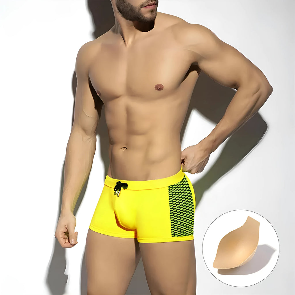 Men's polka dot print swimming boxers in quick-dry nylon fabric shown in available colours