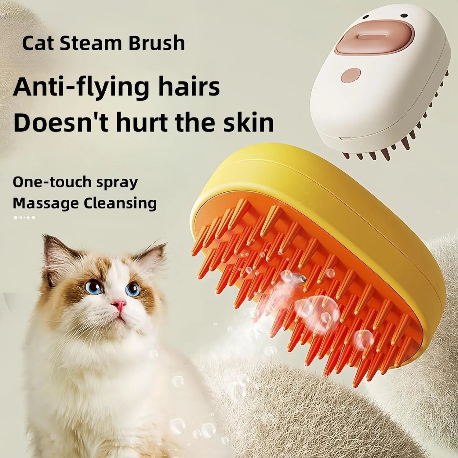 White rechargeable cat and dog steam brush with rubber comb teeth and water tank.