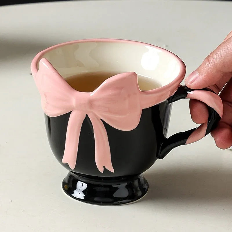Ceramic mug with girl heart bow design in Black Pink and White Powder colours, 350ml capacity