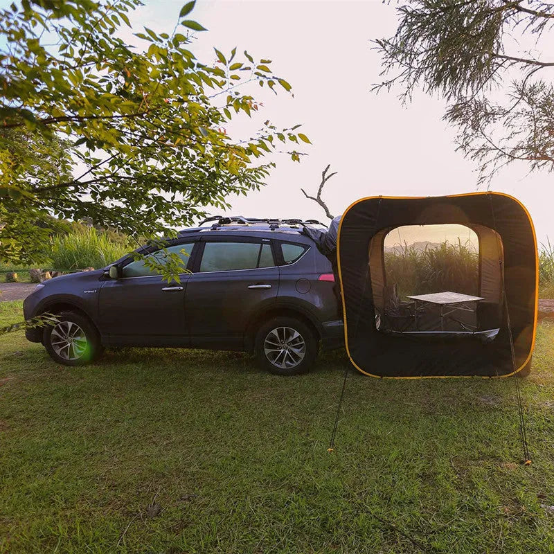 Black pop-up car tail tent with quick-throw design and steel framework