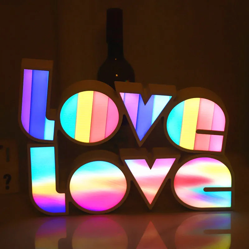 Rainbow LED LOVE decorative lamp with USB cable, measuring 35.5cm wide