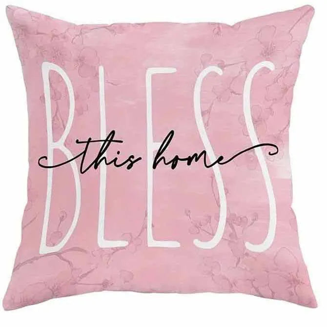 Square short velvet cushion cover with cherry blossom and letter print, 45cm.