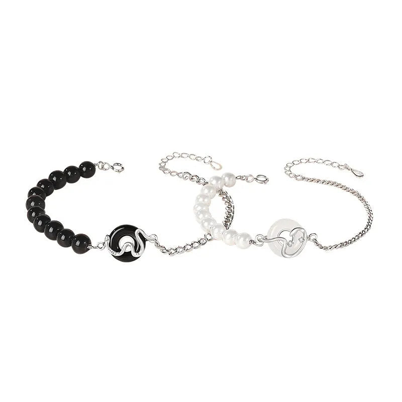 925 sterling silver couple bracelet with obsidian pearl and snake zodiac motif