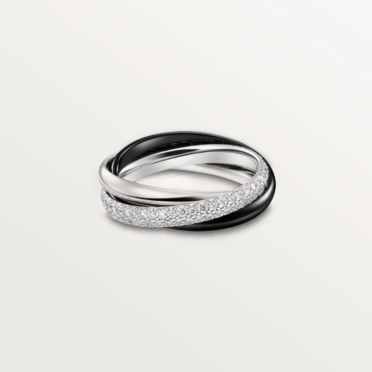 Three stackable geometric U-shaped sterling silver couple rings on a finger, showing gold rose silver finish.