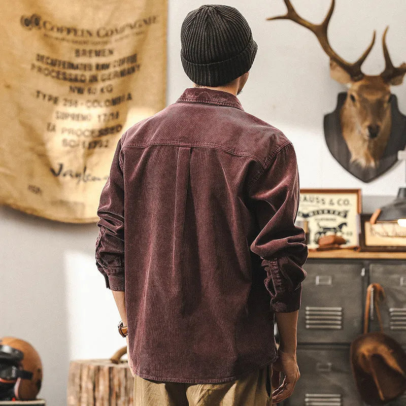 Men's retro corduroy shirt jacket in loose fit available in black or red colours