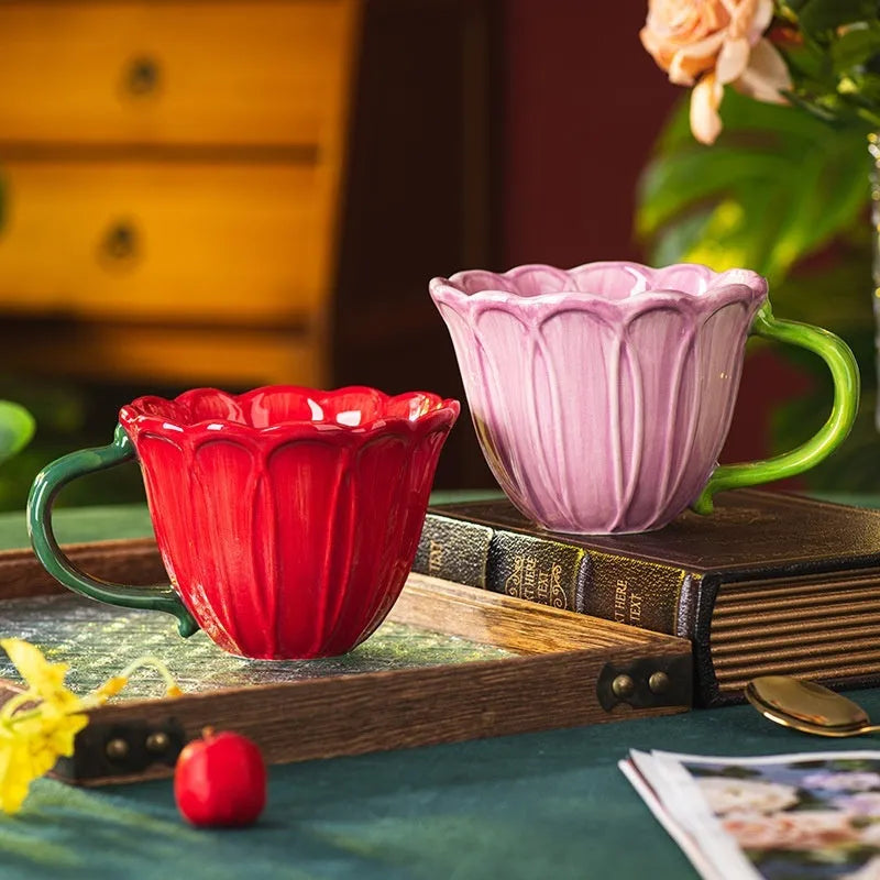 Ceramic breakfast cup with pastoral household flower pattern design in 500ml capacity