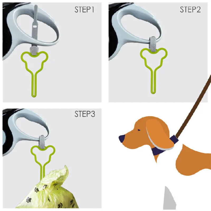 A hands-free dog waste bag holder with a Velcro strap, attached to a dog leash.