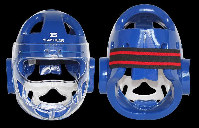 Karate helmet for boxing head protection in blue, red, or white colours available in multiple sizes