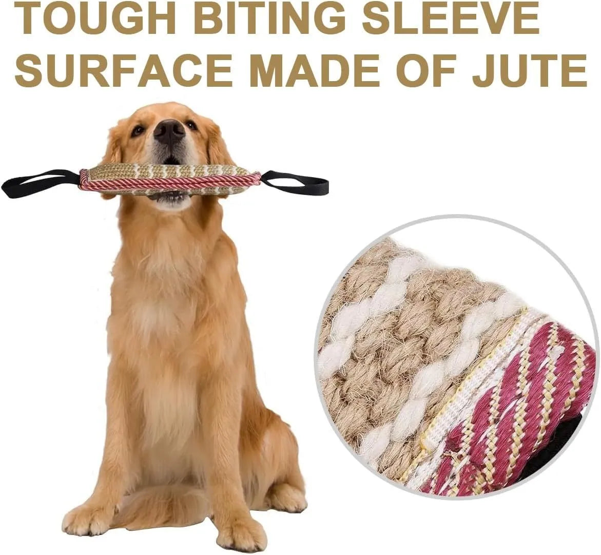 Beige and pink jute dog tug toy with two handles for interactive tug-of-war games