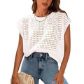 White women's sweater with crochet sleeve detail and round neck