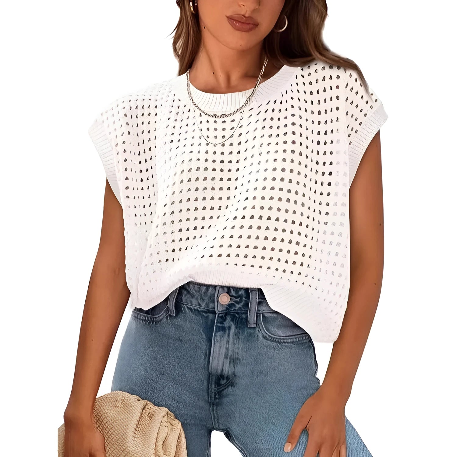 White women's sweater with crochet sleeve detail and round neck