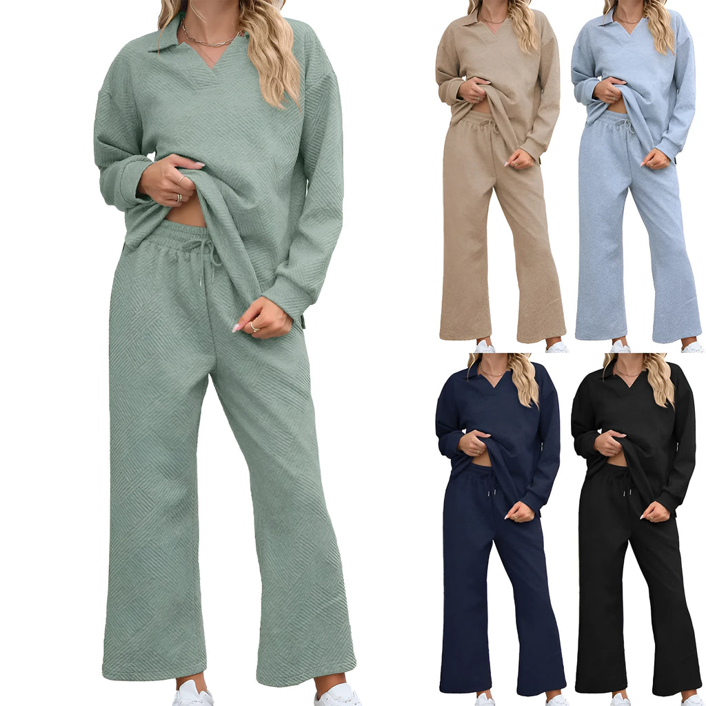 Women's knitted jacquard long sleeve sweater and elastic waist cropped trousers suit set in geometric pattern