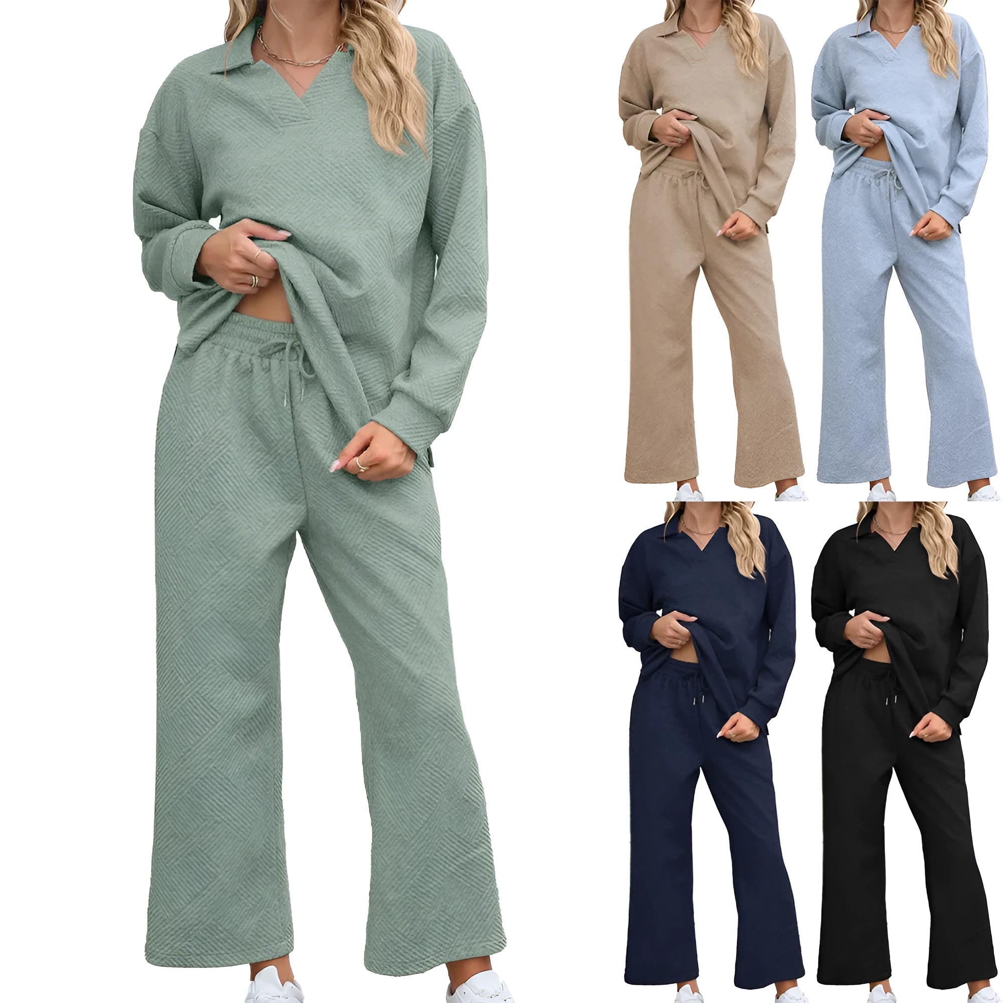 Women's knitted jacquard long sleeve sweater and elastic waist cropped trousers suit set in geometric pattern