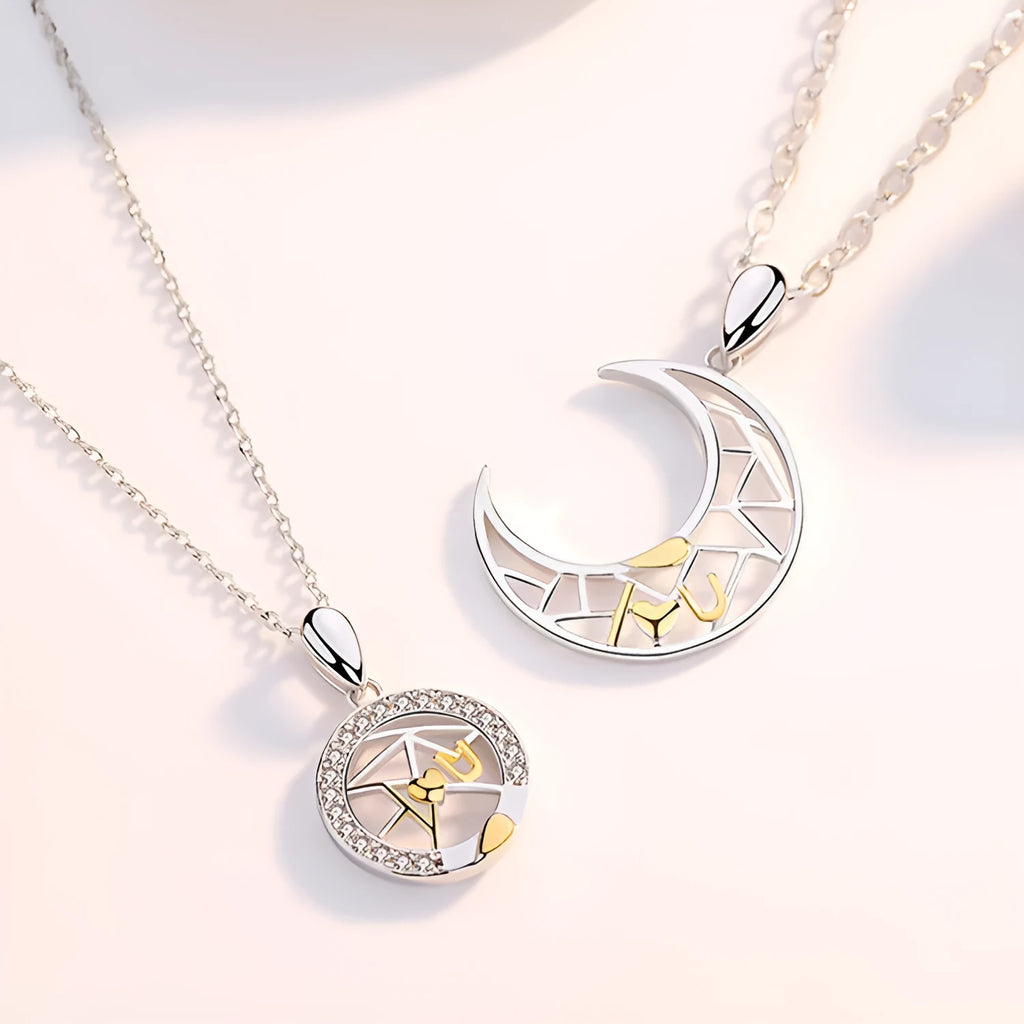 Sun moon tooth couple necklace for men and women with copper pendant and cross chain style