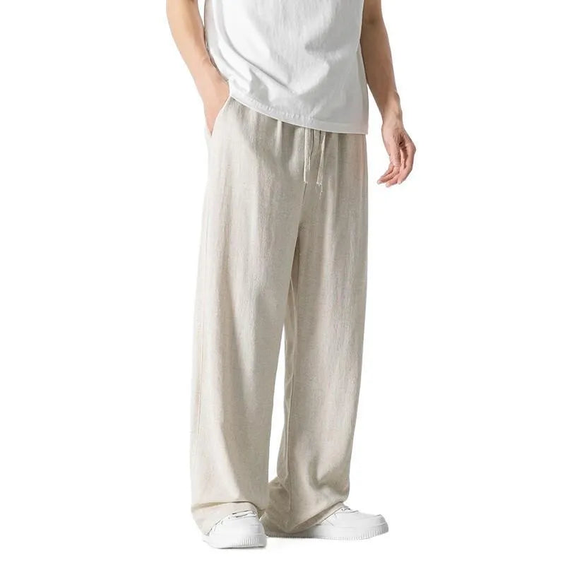 Men's bamboo fibre linen trousers in cropped length with drawstring waist and straight-leg cut