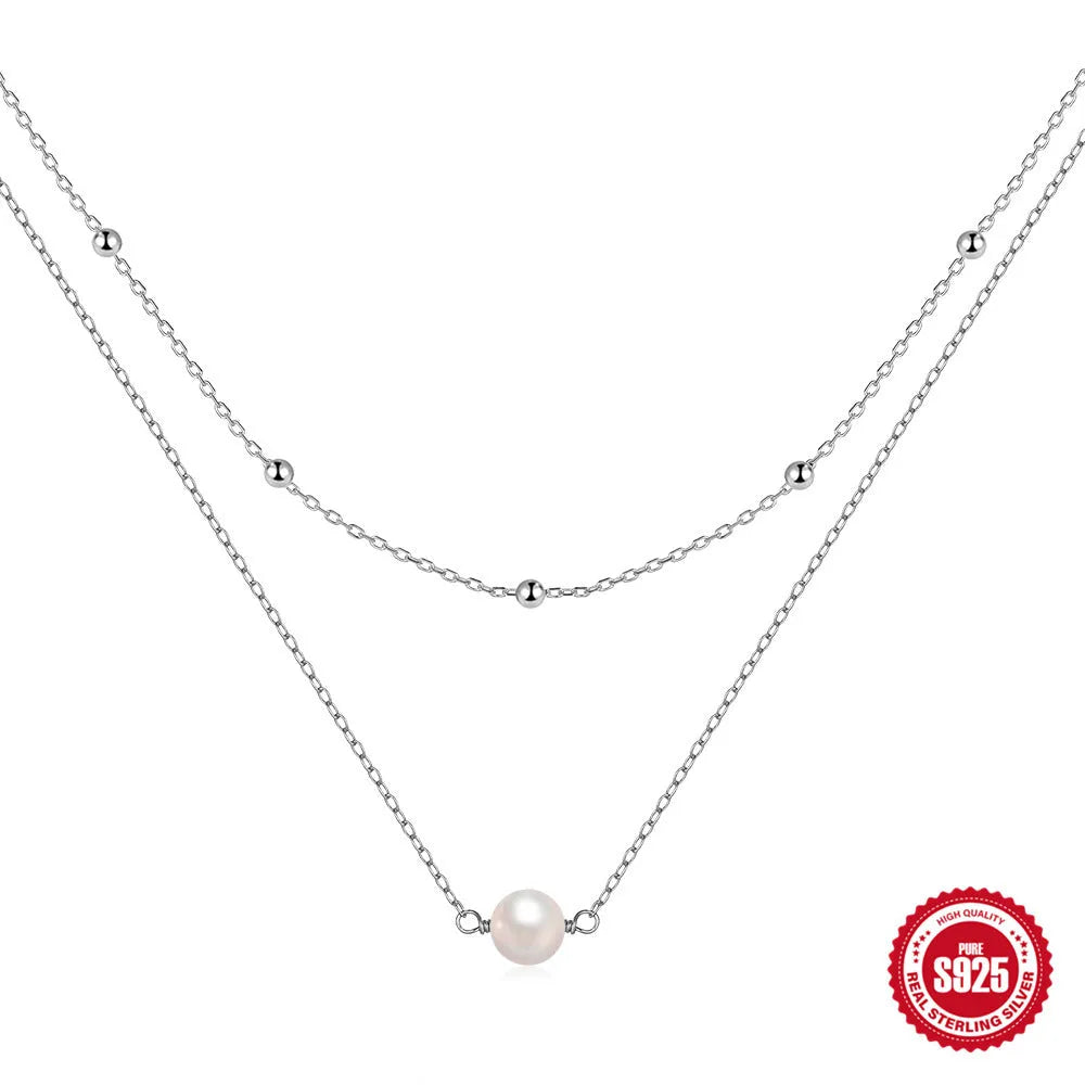 S925 sterling silver double layer necklace with twin pearls and geometric pendant on ball bead chain