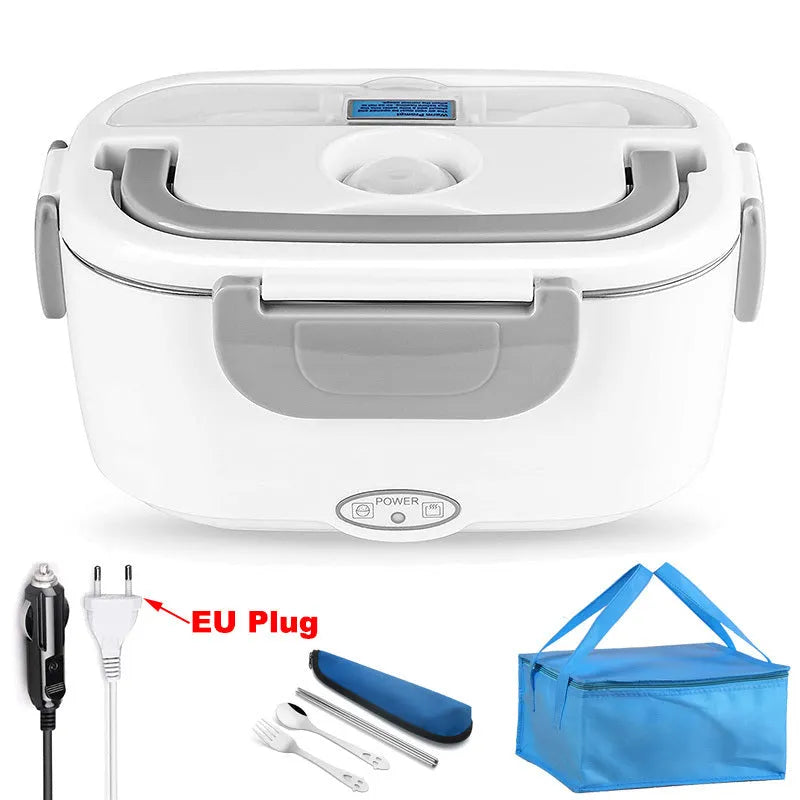 Grey electric heating lunch box with stainless steel inner tank and dual power cord for car and home use