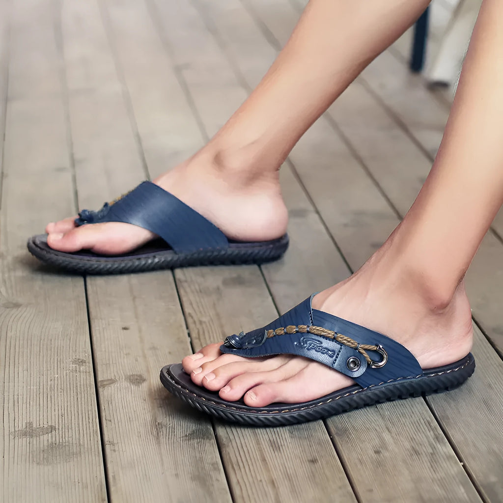 Men's black PU leather casual slippers with non-slip sole, shown on a white background
