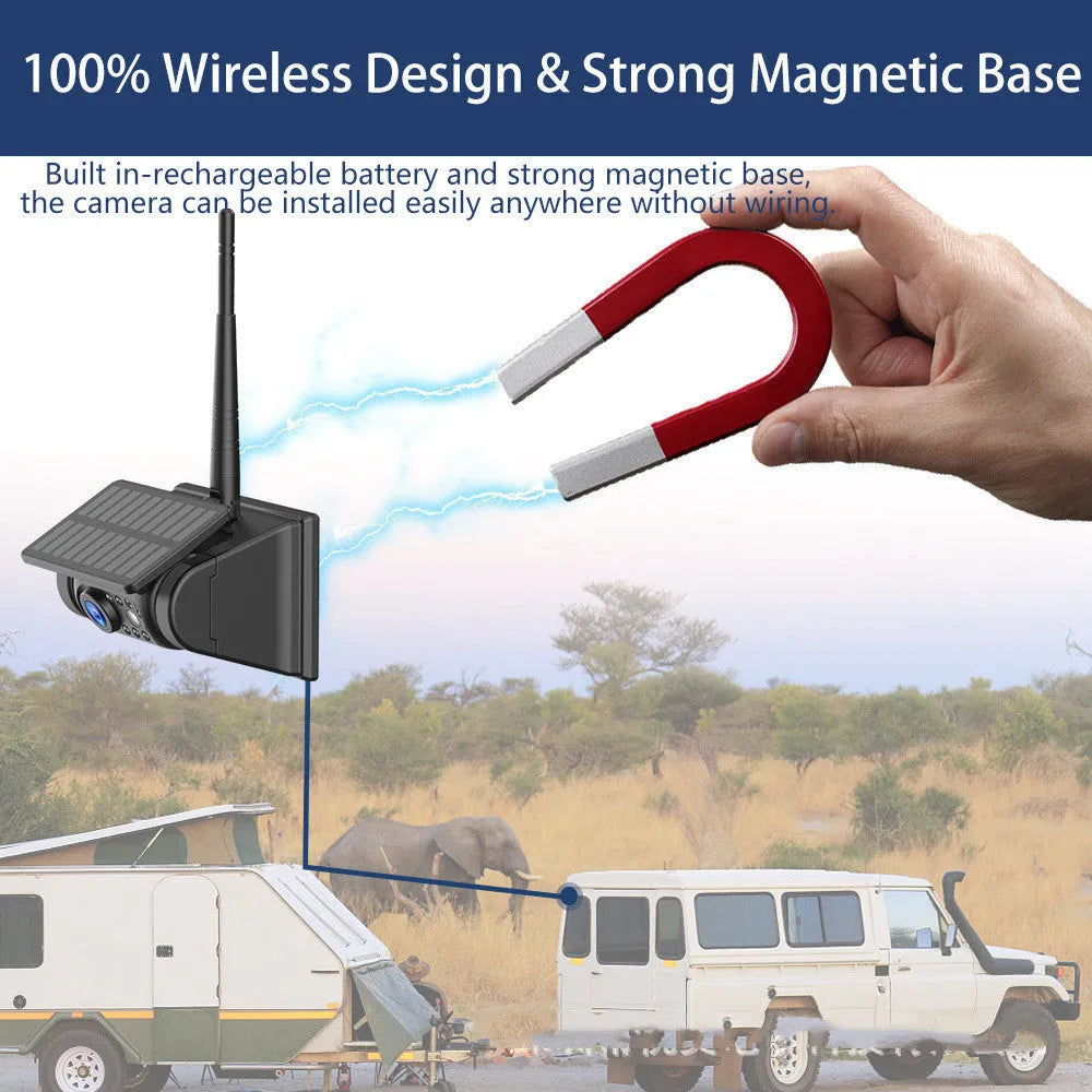 Solar-powered wireless reversing camera system with magnetic mount showing aluminium alloy construction