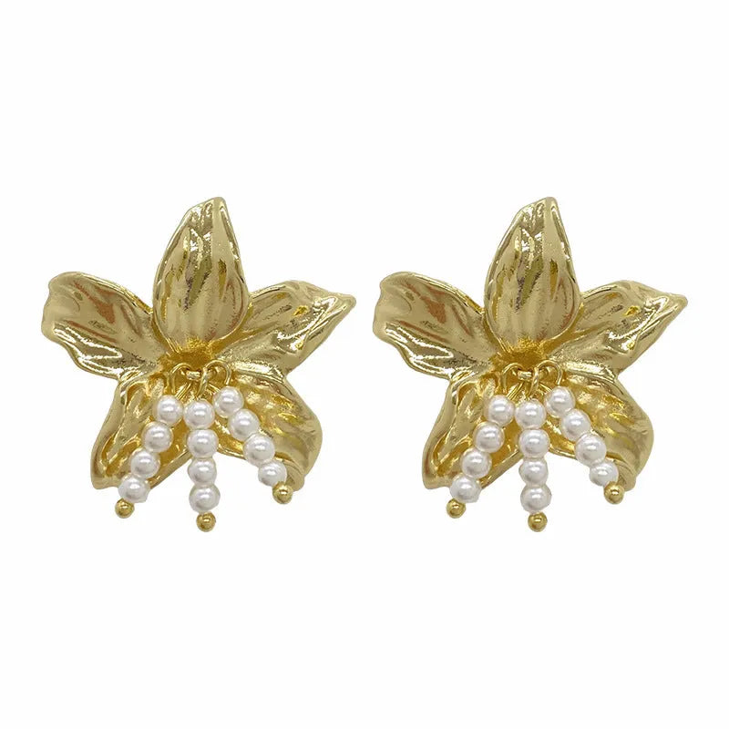 Golden flower earrings with pearl designs and exaggerated floral shape for women