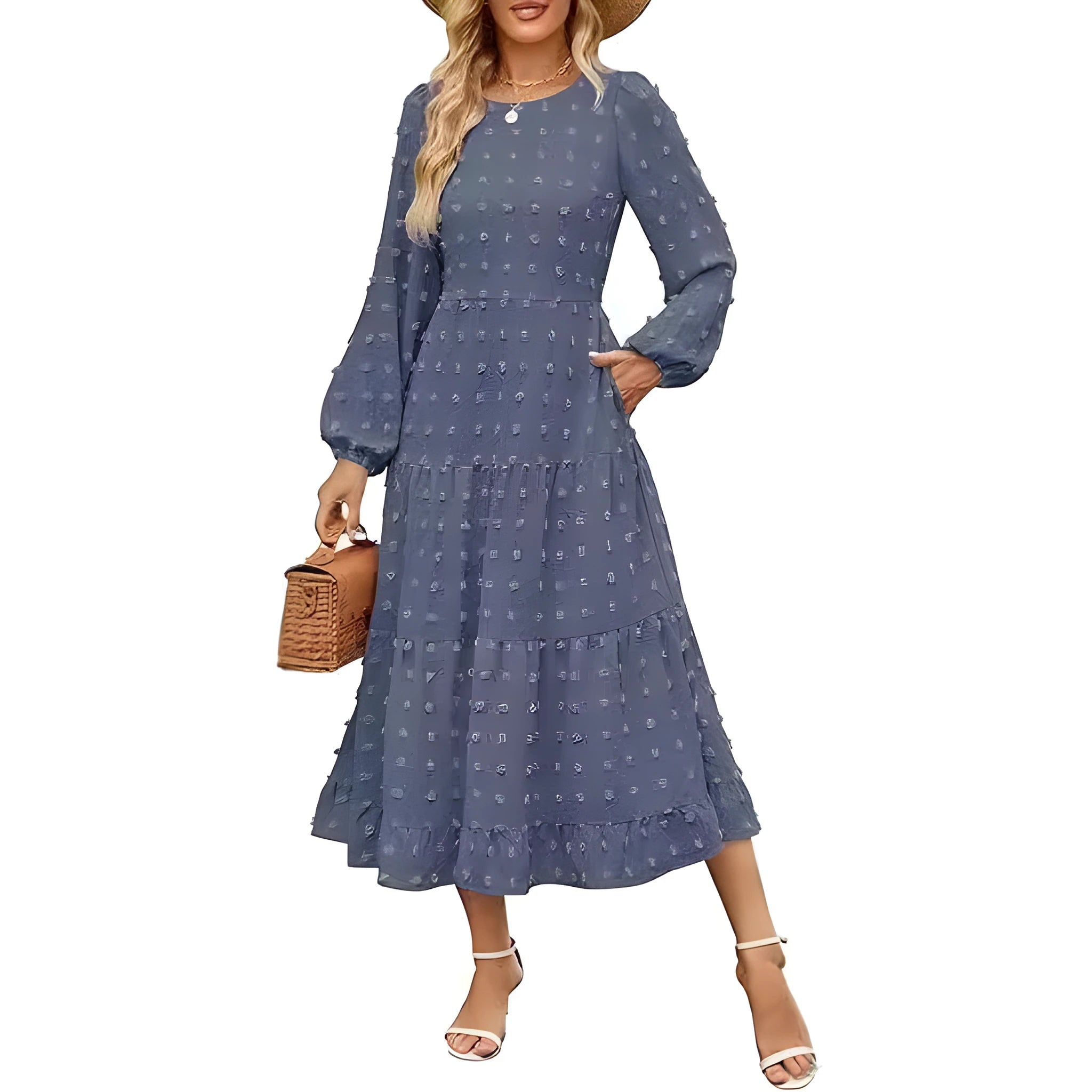 Women's long sleeve casual dress in beige with ruffle sleeves and a high waist.