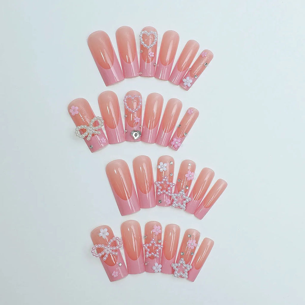 Super long water pipe French manicure nail stickers with spot drill bows and love pattern design