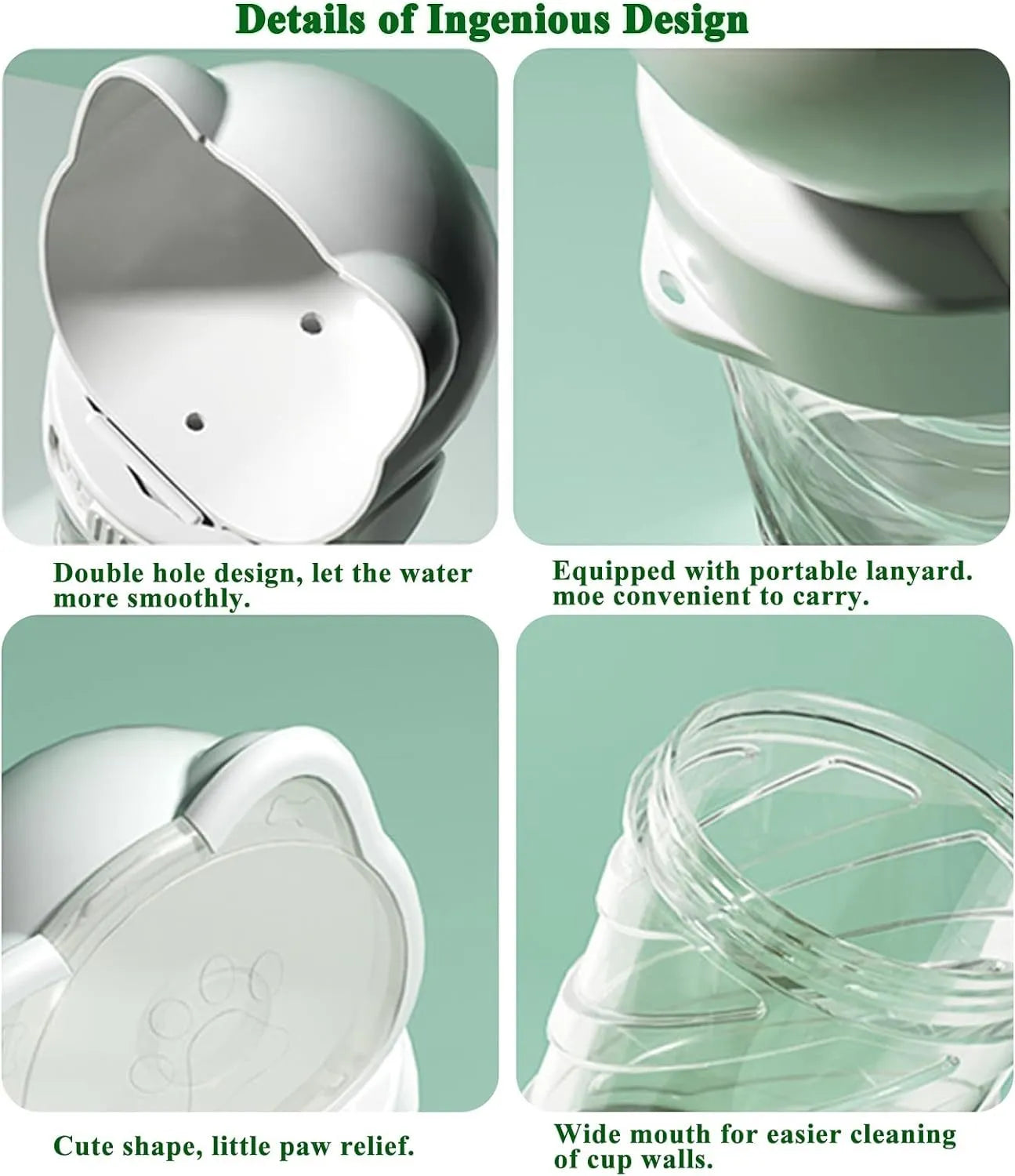 Green 3-in-1 pet water bottle with food container and waste bag dispenser for outdoor use