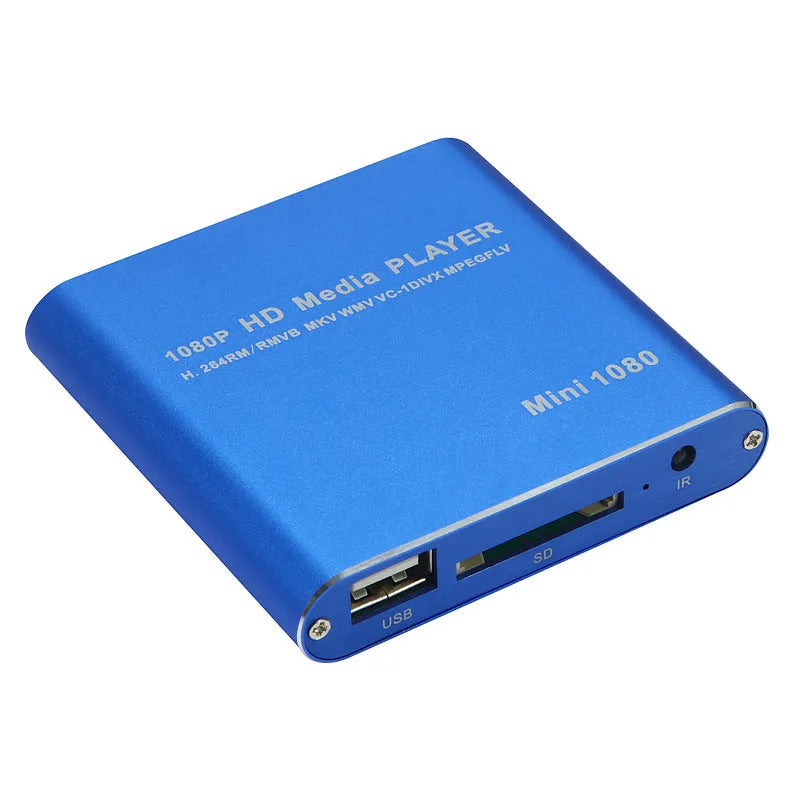 Compact blue or black 1080P media player with HDMI USB ports and all metal casing